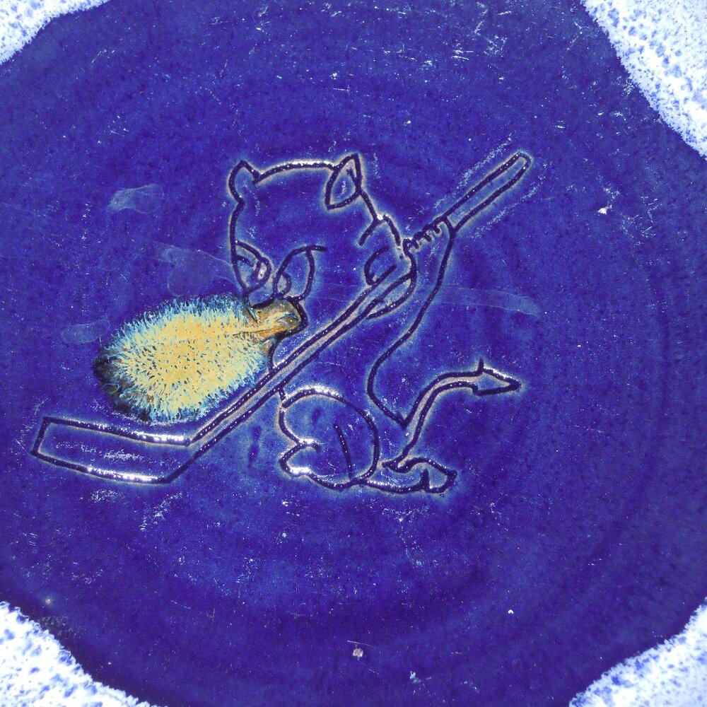 Vintage MCM Blue Studio Art Pottery Plate Bowl Charger w Devil BAUER Sgraffito